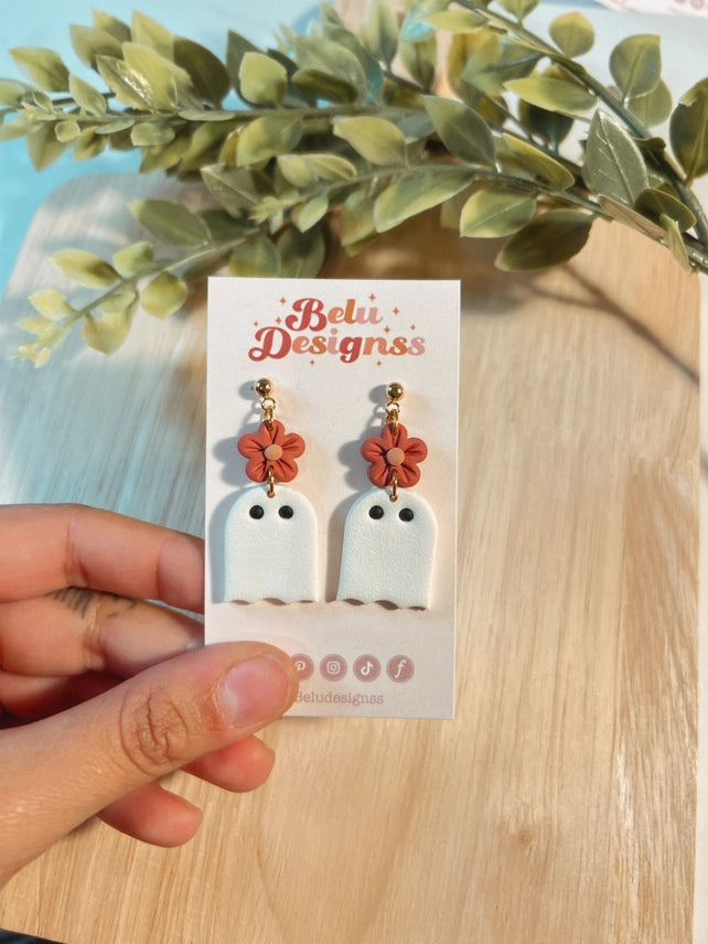Pre-Order Ghost with Flower Polymer Clay Earrings