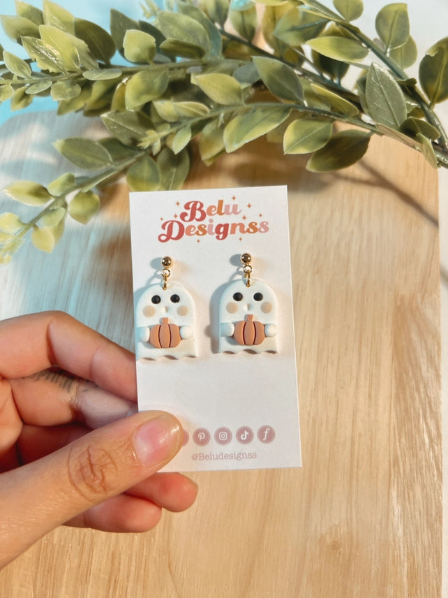 Pre-Order Cute Ghost Holding Pumpkin Polymer Clay Earrings