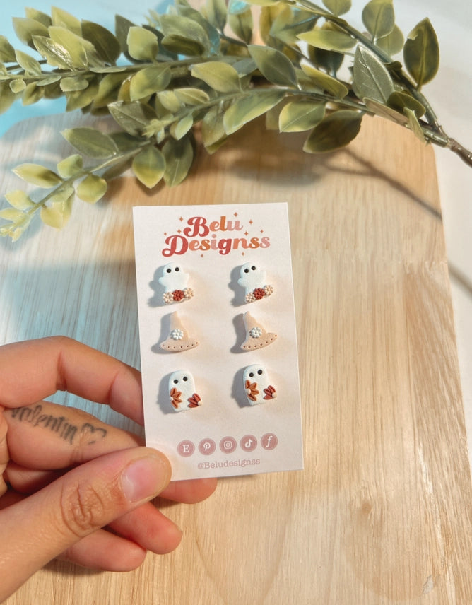 Pre-Order Mini Ghost & Witch Hat Polymer Clay Stud Earrings