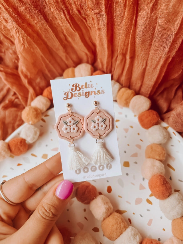 Pre-Order Peachy Flowers with Tassel Polymer Clay Earrings