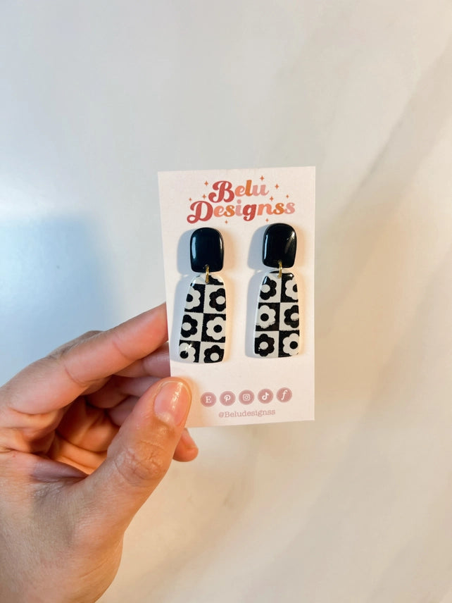 Pre-Order Black Flower Transfer Polymer Clay Earrings