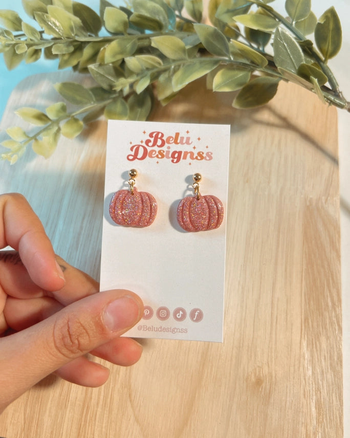 Pre-Order Sparkly Pink Pumpkin Polymer Clay Earrings