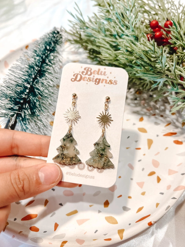 Pre-Order Translucent Green & Gold Tree Clay Earrings
