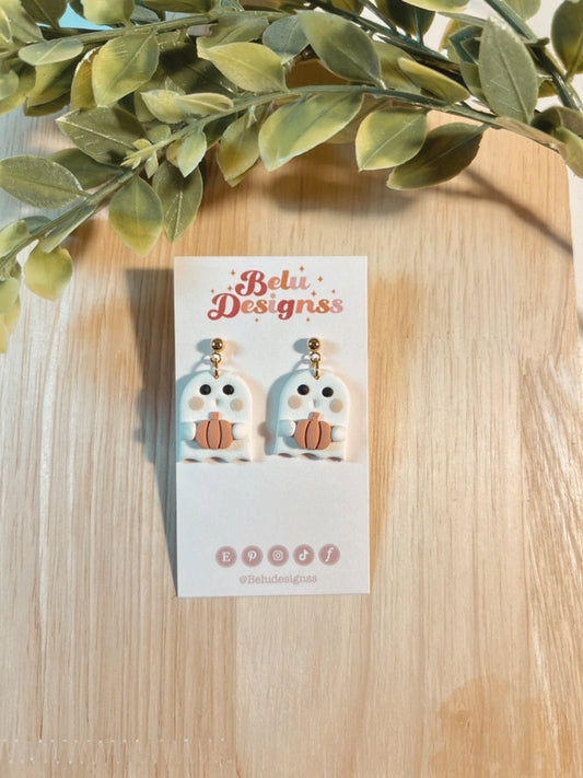 Pre-Order Cute Ghost Holding Pumpkin Polymer Clay Earrings