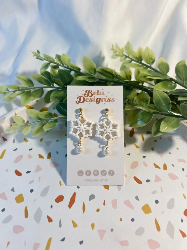 Pre-Order Snowflake with Pearl Polymer Clay Earrings