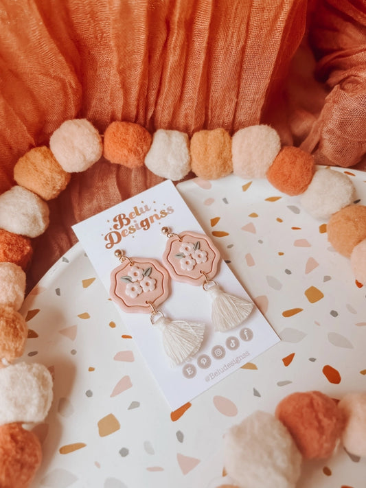Pre-Order Peachy Flowers with Tassel Polymer Clay Earrings