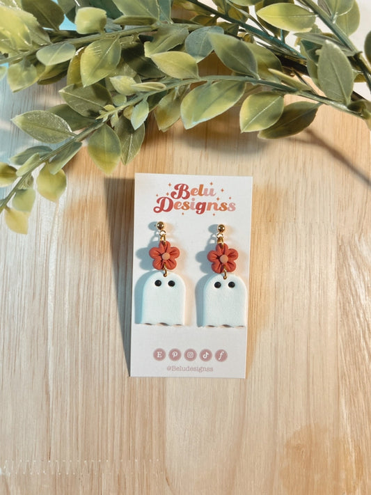 Pre-Order Ghost with Flower Polymer Clay Earrings