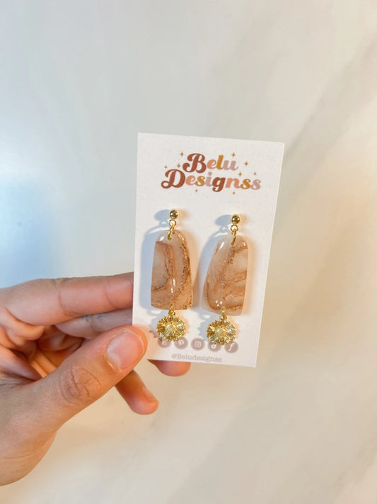 Pre-Order Rose Gold Marble with Gold Flower Charm Polymer Clay Earrings