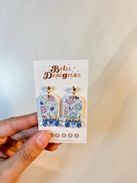 Pre-Order Blue Floral with Glass Beads Polymer Transfer Clay Earrings