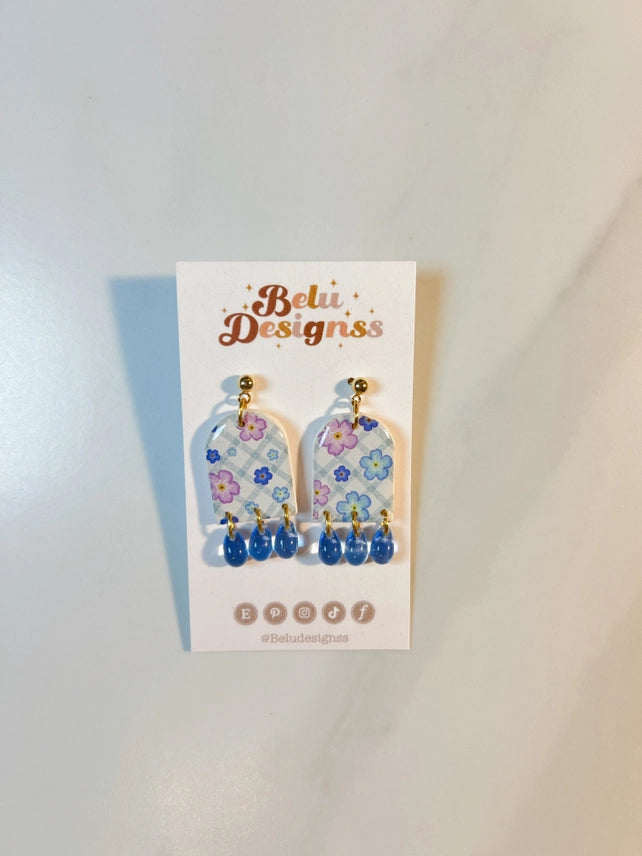 Pre-Order Blue Floral with Glass Beads Polymer Transfer Clay Earrings