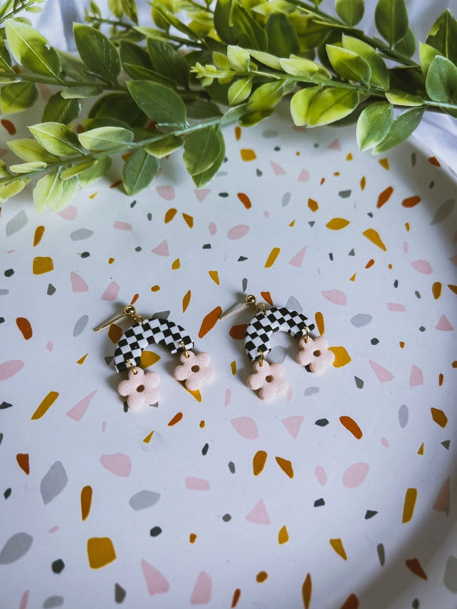 Pre-Order Checkered Arch with Peach Flowers Polymer Clay Earrings