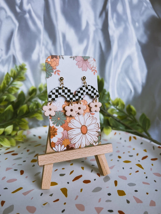 Pre-Order Checkered Arch with Peach Flowers Polymer Clay Earrings