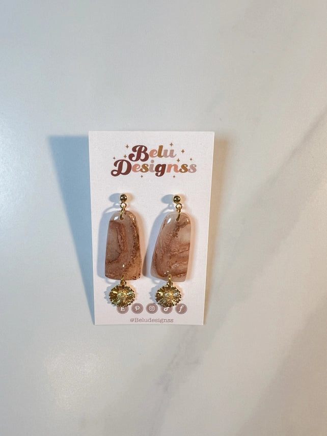 Pre-Order Rose Gold Marble with Gold Flower Charm Polymer Clay Earrings